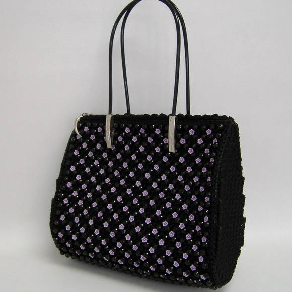 Fenghua Handbags - Black Fenghua Purse Pink Flower Beaded Tote Evening Handbag Silver Metal